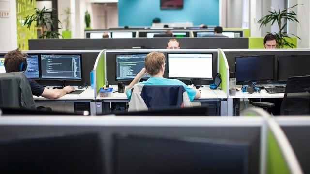Staff working on computers in office cubicles 